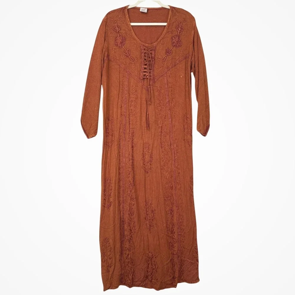 Naissha Womens Boho Maxi‎ Dress One Size Embroidered Lace Up Witchy Forest Fairy - Picture 2 of 13